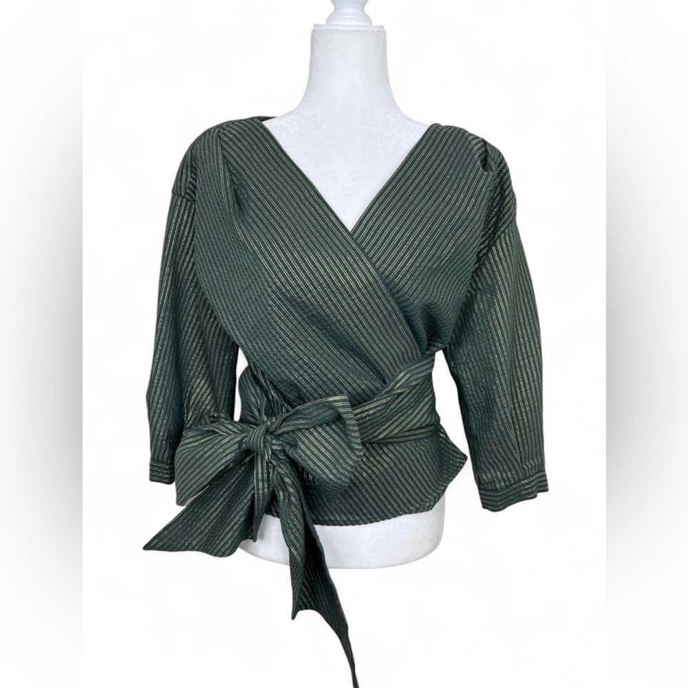 CEFINN Striped Metallic Green sparkly Voile Wrap Top
